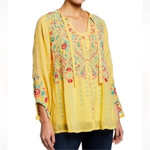 Johnny Was Arges Blouse Tunic Soft Citrus Yellow Floral Embroidery Rayon XL